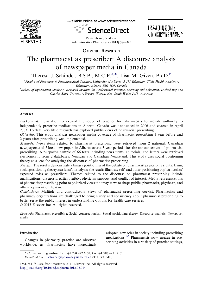 The pharmacist as prescriber: A discourse analysis of newspaper media in Canada