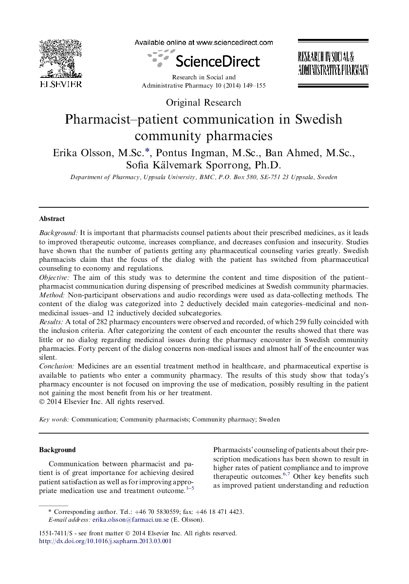 Pharmacist–patient communication in Swedish community pharmacies