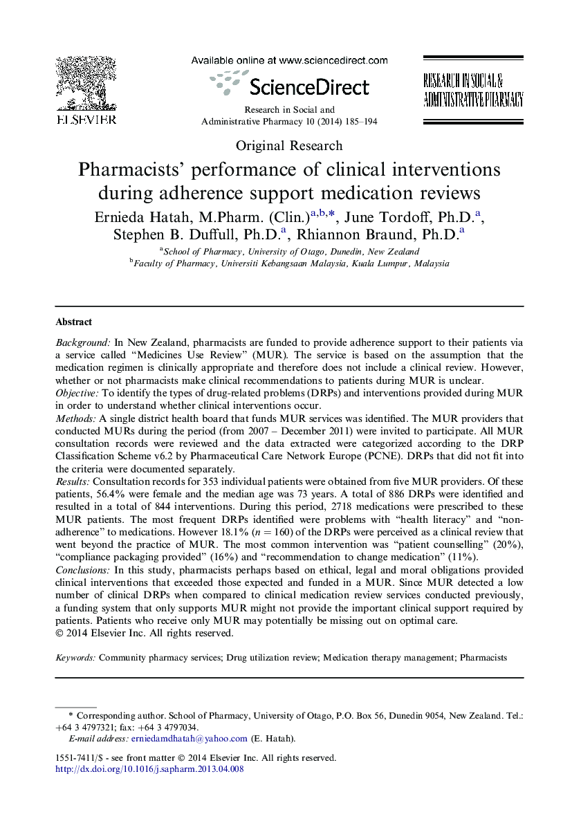 Pharmacists' performance of clinical interventions during adherence support medication reviews