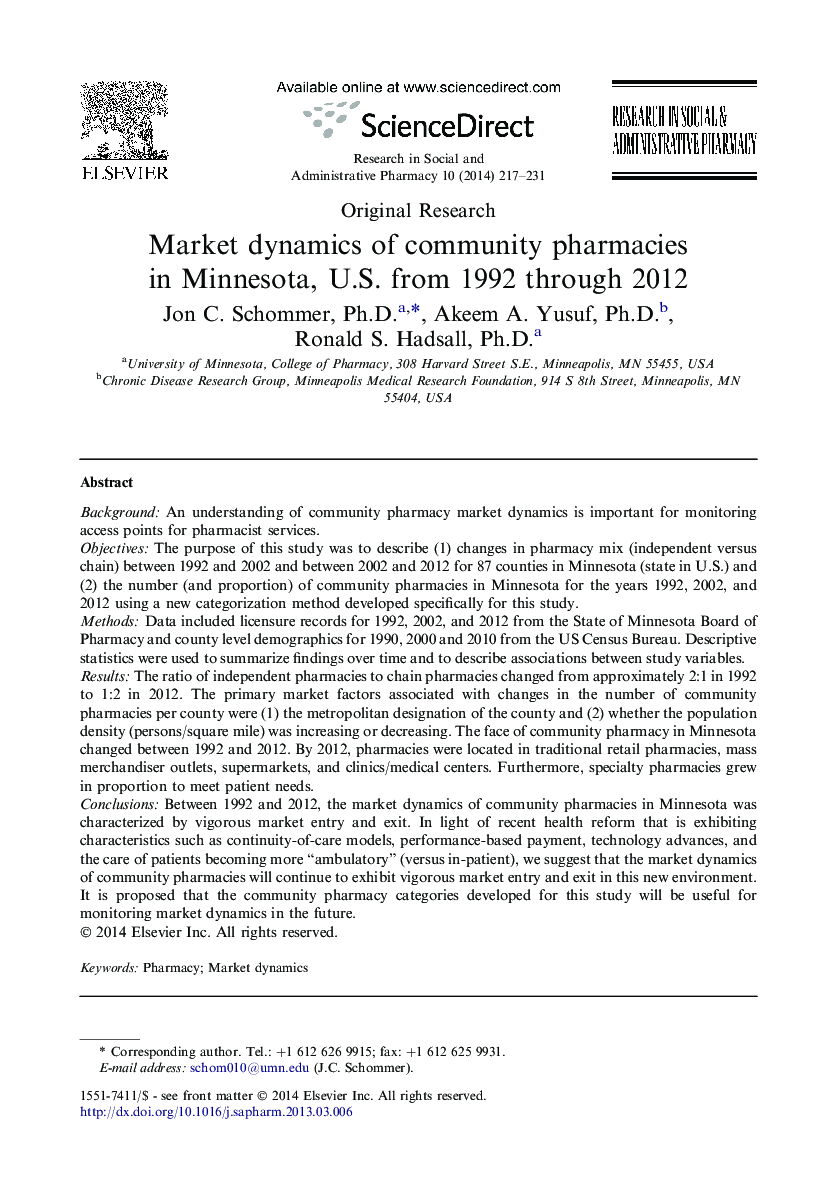Market dynamics of community pharmacies in Minnesota, U.S. from 1992 through 2012