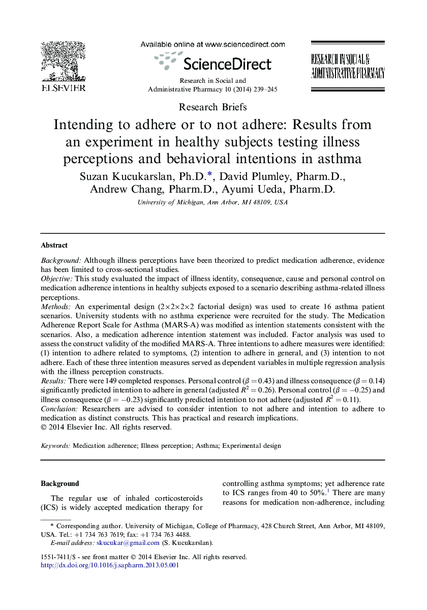 Intending to adhere or to not adhere: Results from an experiment in healthy subjects testing illness perceptions and behavioral intentions in asthma