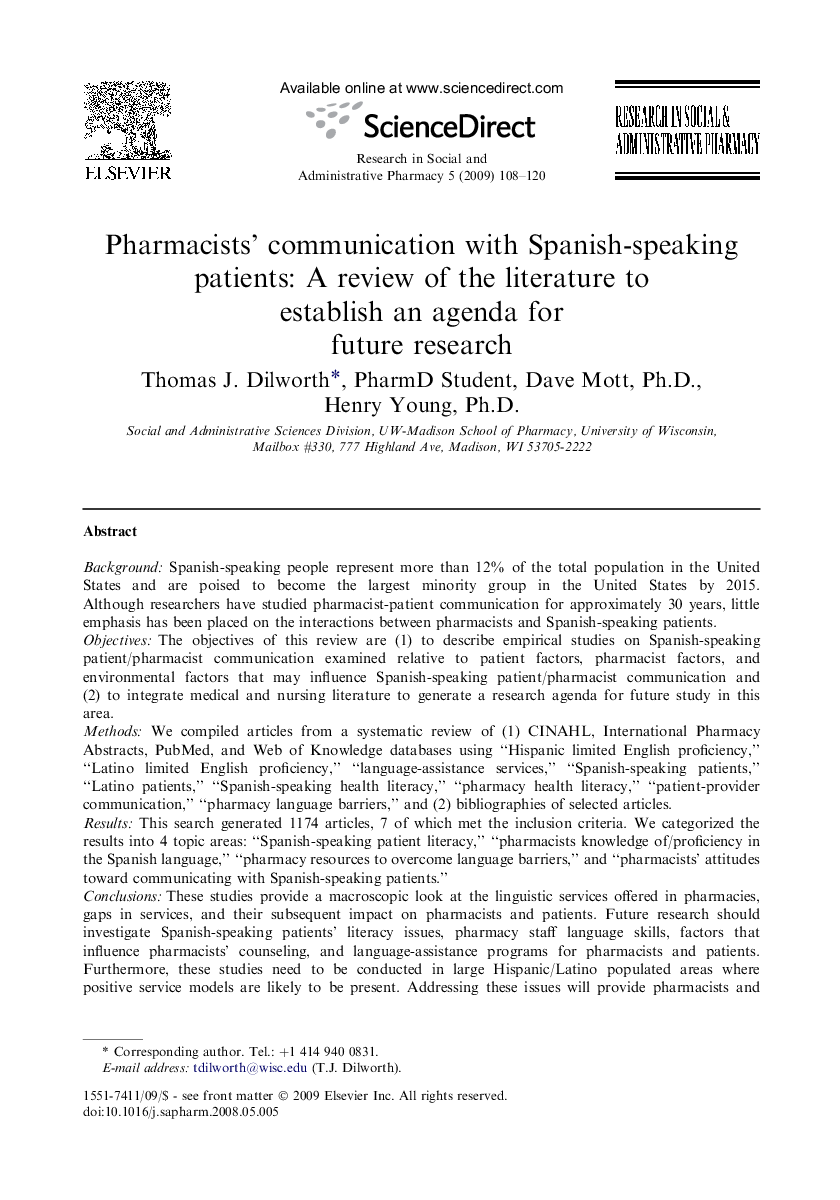 Pharmacists' communication with Spanish-speaking patients: A review of the literature to establish an agenda for future research