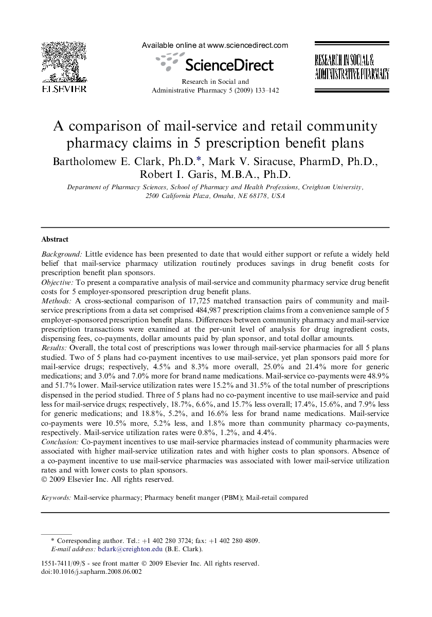 A comparison of mail-service and retail community pharmacy claims in 5 prescription benefit plans