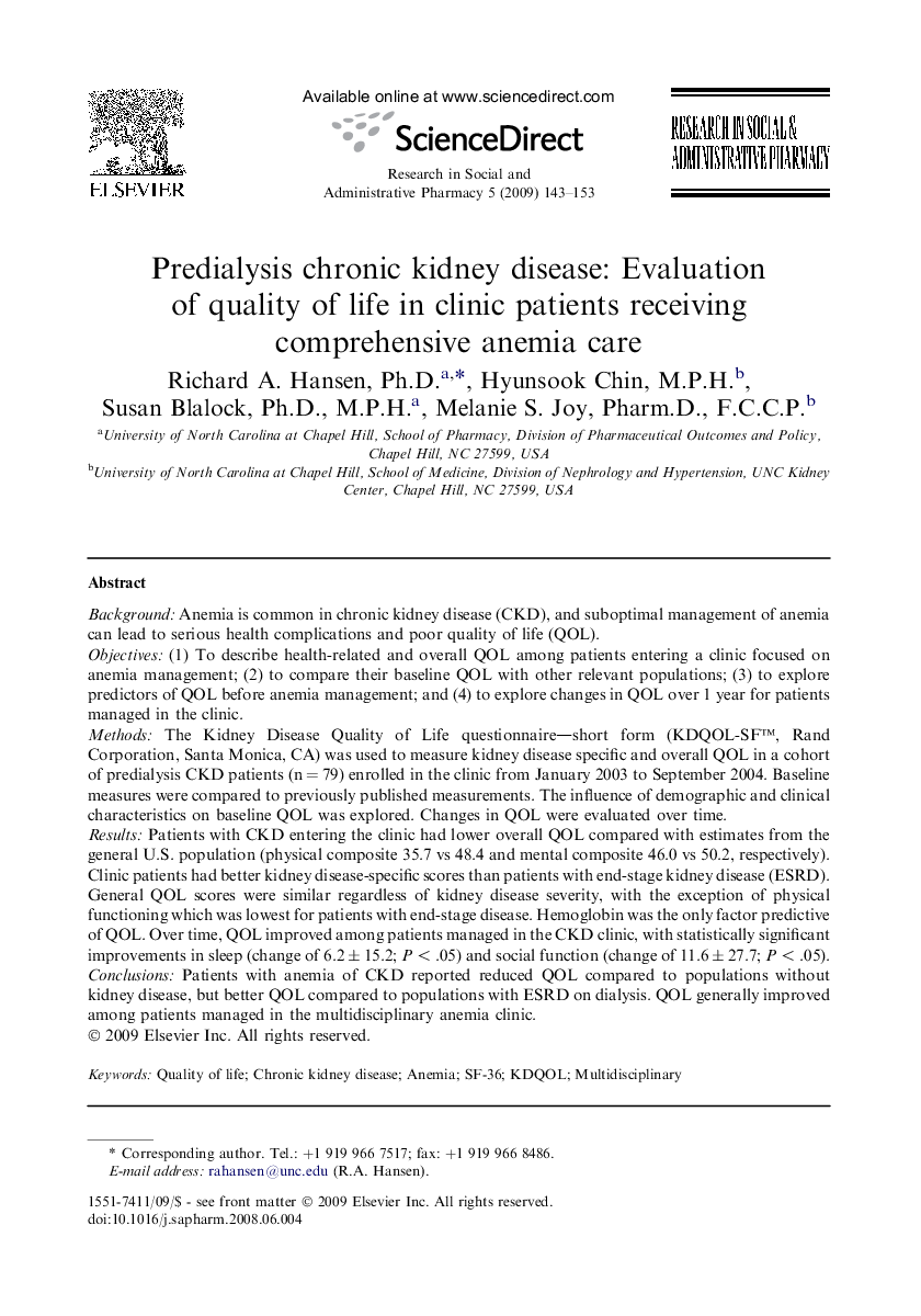 Predialysis chronic kidney disease: Evaluation of quality of life in clinic patients receiving comprehensive anemia care