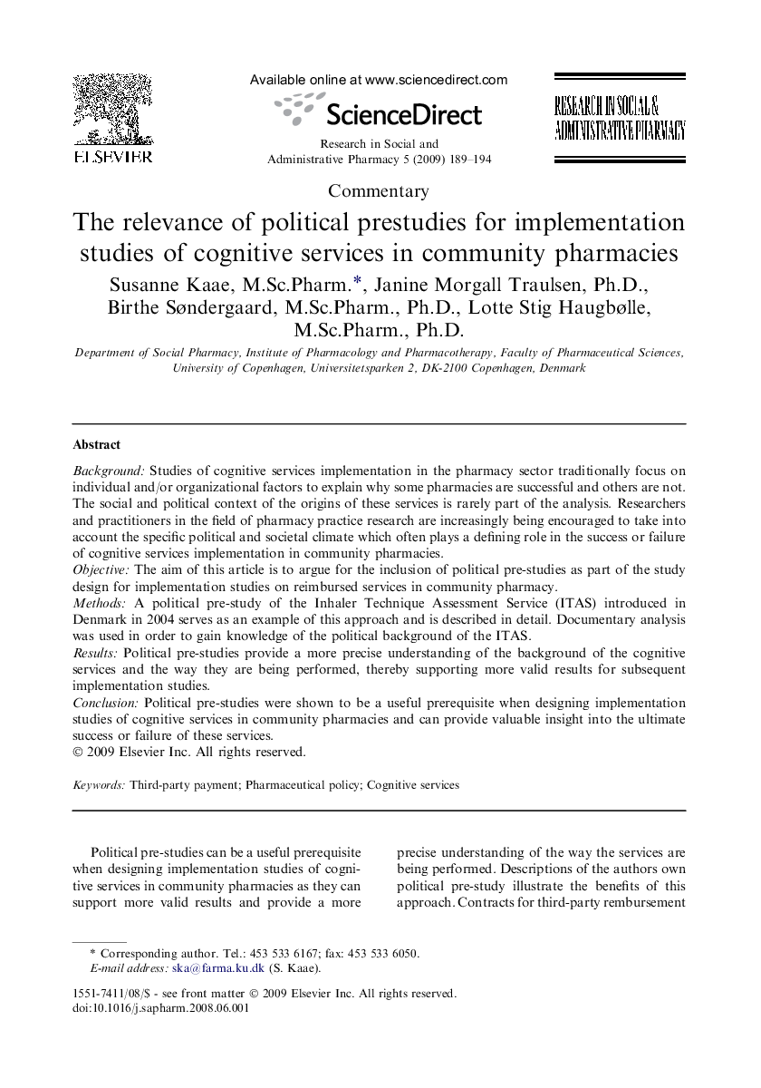 The relevance of political prestudies for implementation studies of cognitive services in community pharmacies