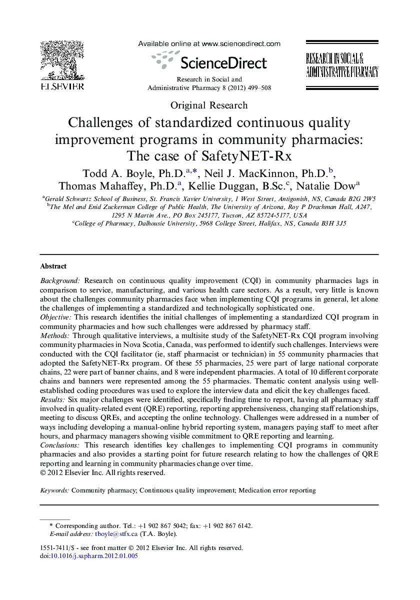 Challenges of standardized continuous quality improvement programs in community pharmacies: The case of SafetyNET-Rx