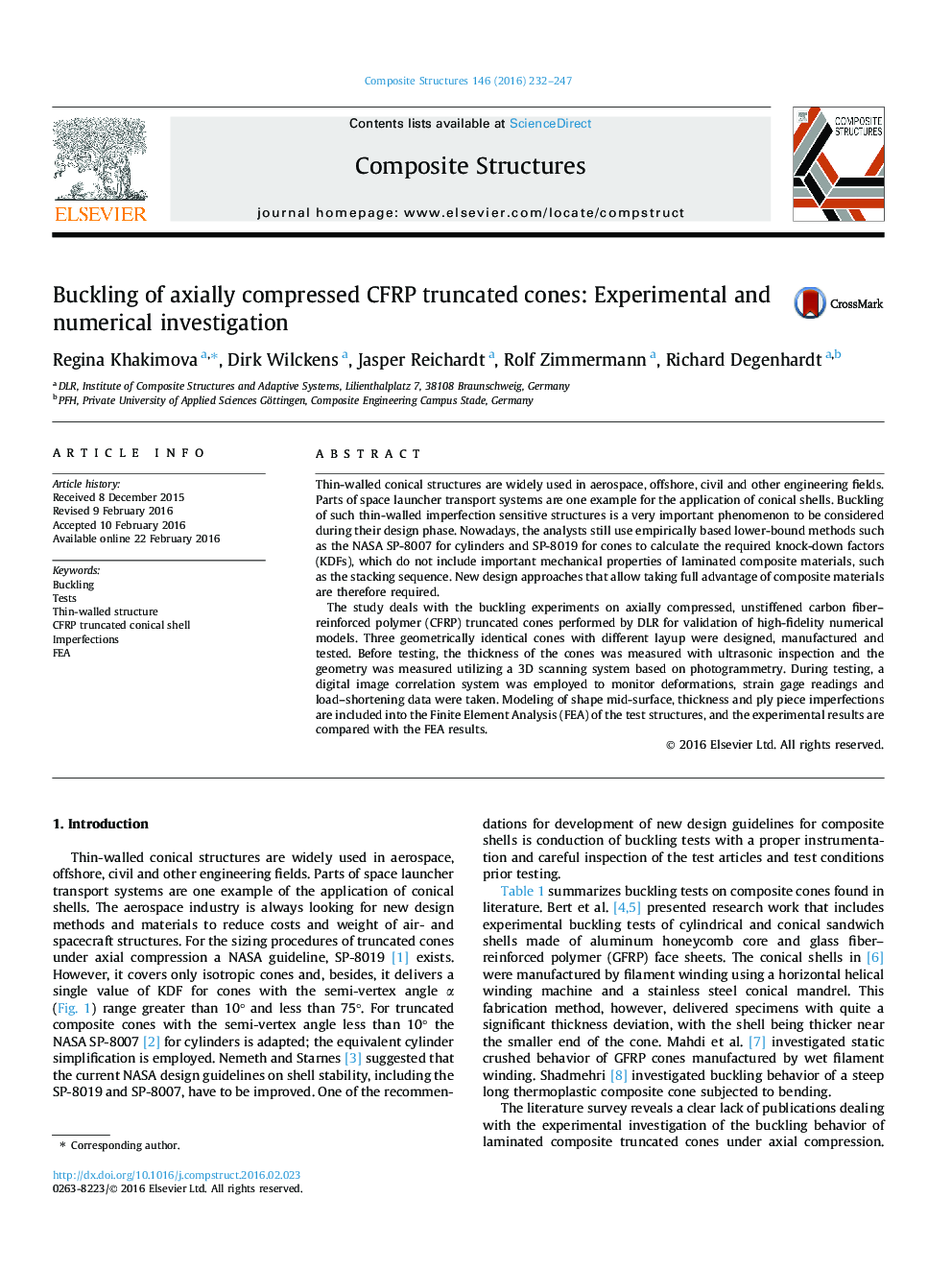 Buckling of axially compressed CFRP truncated cones: Experimental and numerical investigation