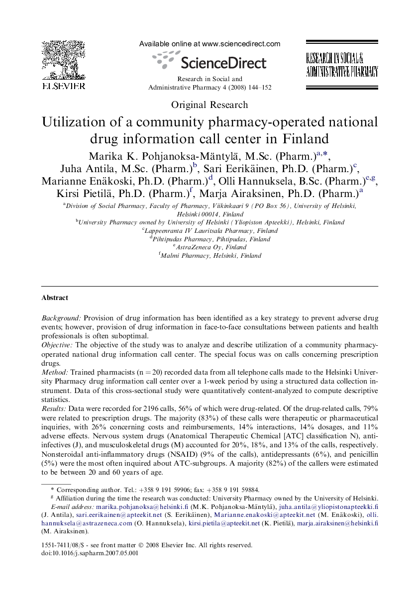 Utilization of a community pharmacy-operated national drug information call center in Finland