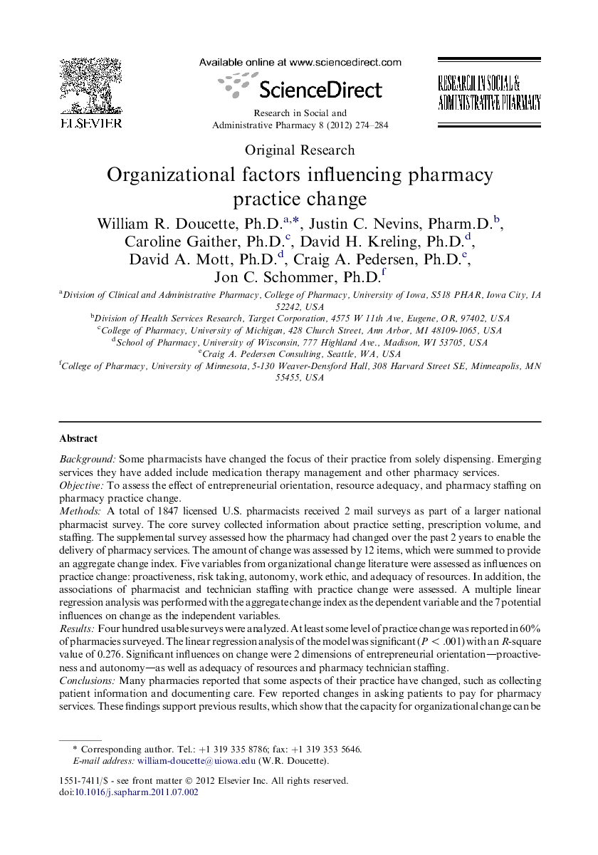 Organizational factors influencing pharmacy practice change