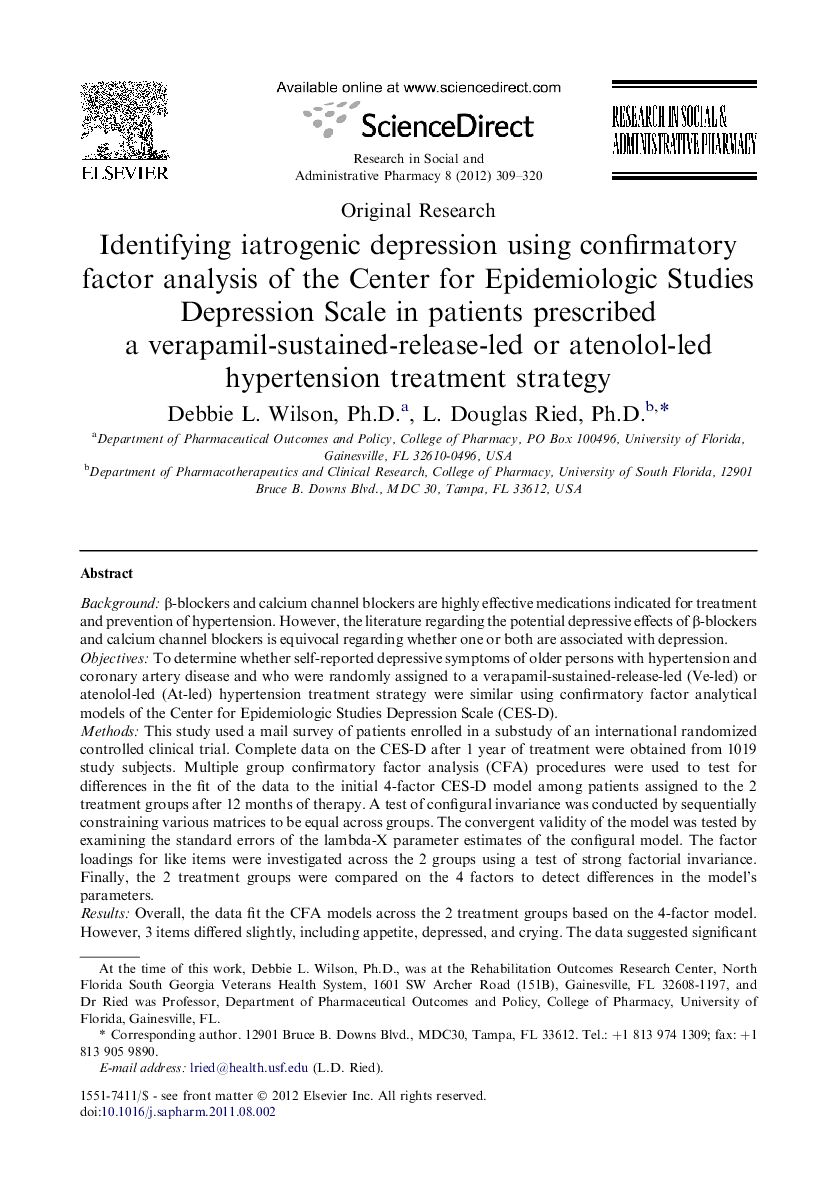 Identifying iatrogenic depression using confirmatory factor analysis of the Center for Epidemiologic Studies Depression Scale in patients prescribed a verapamil-sustained-release-led or atenolol-led hypertension treatment strategy 