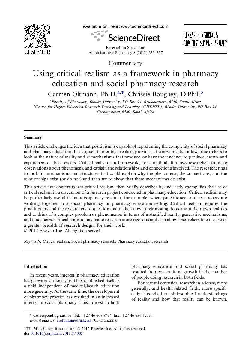 Using critical realism as a framework in pharmacy education and social pharmacy research