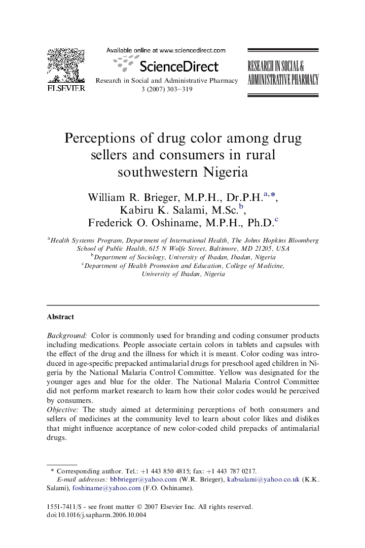 Perceptions of drug color among drug sellers and consumers in rural southwestern Nigeria