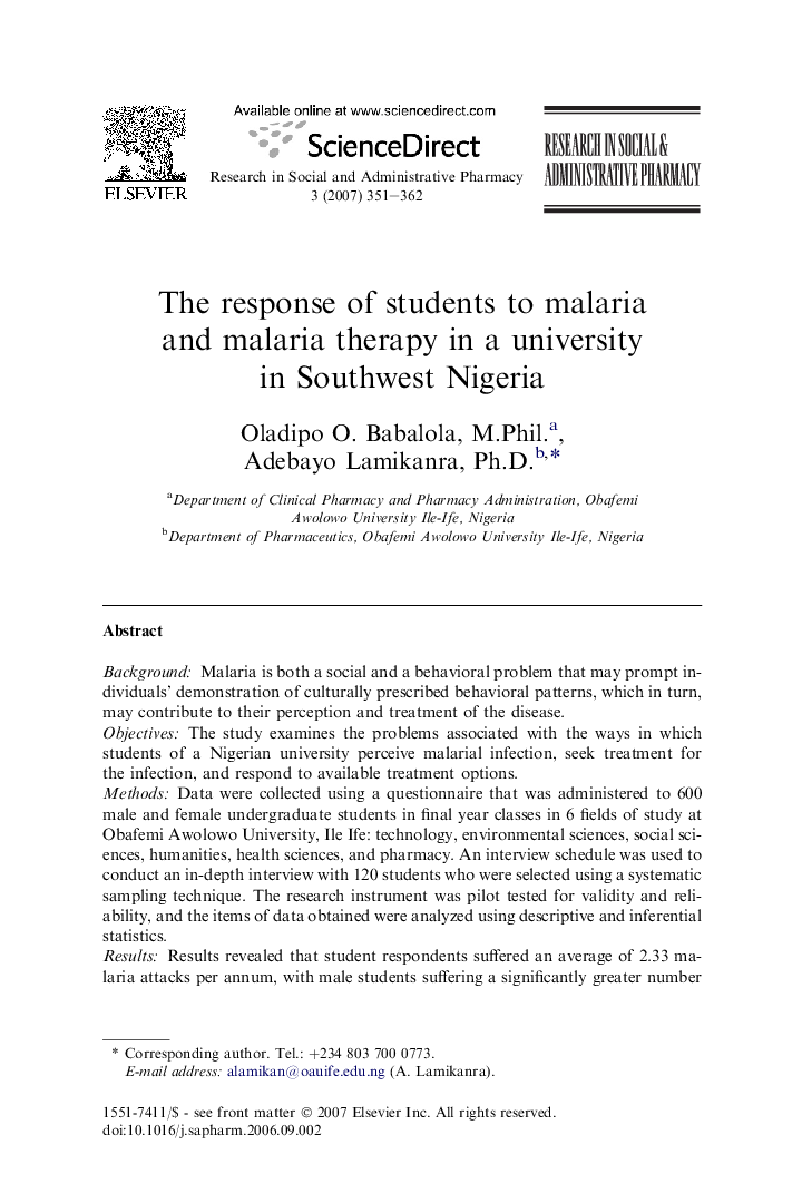 The response of students to malaria and malaria therapy in a university in Southwest Nigeria