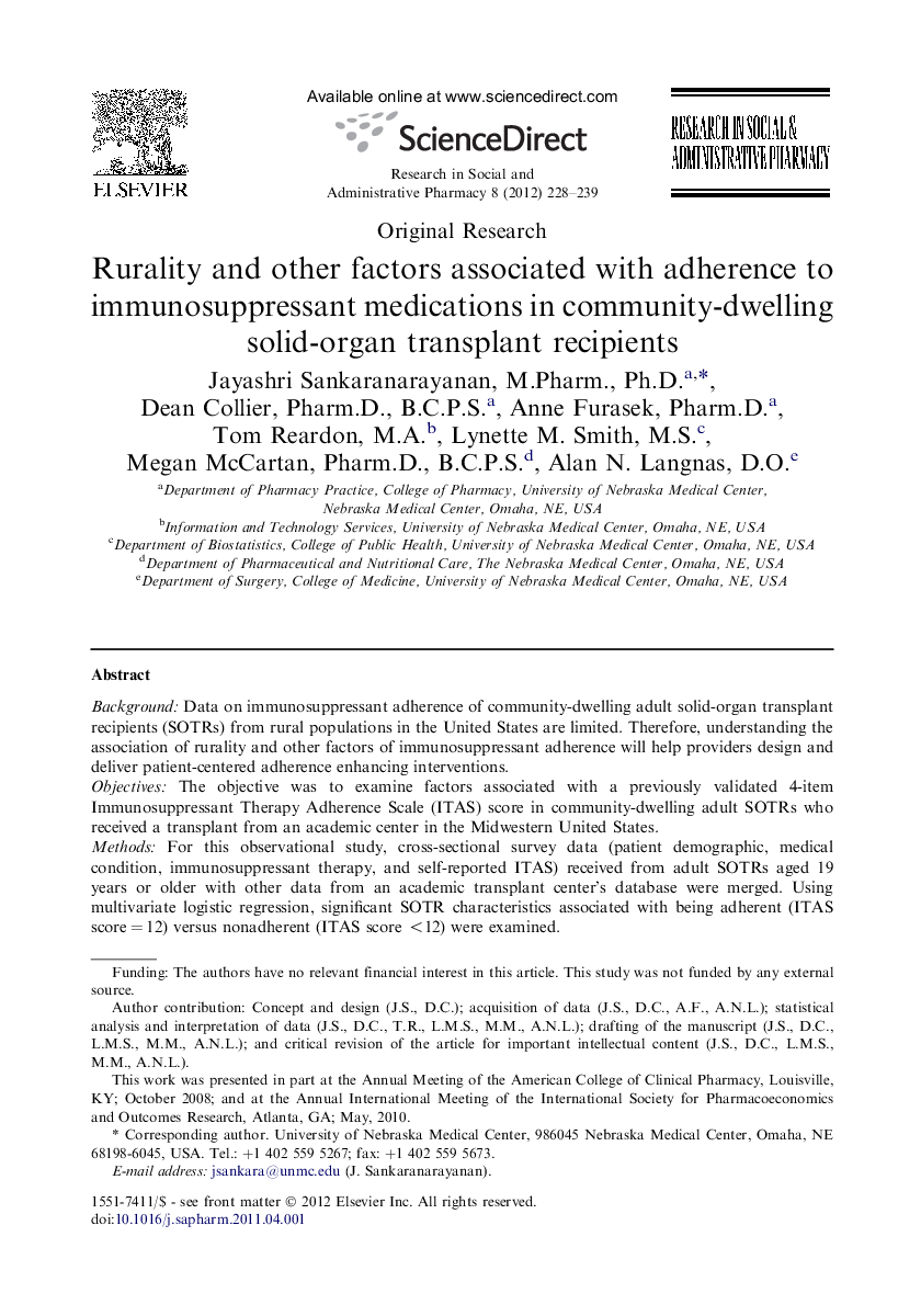 Rurality and other factors associated with adherence to immunosuppressant medications in community-dwelling solid-organ transplant recipients 