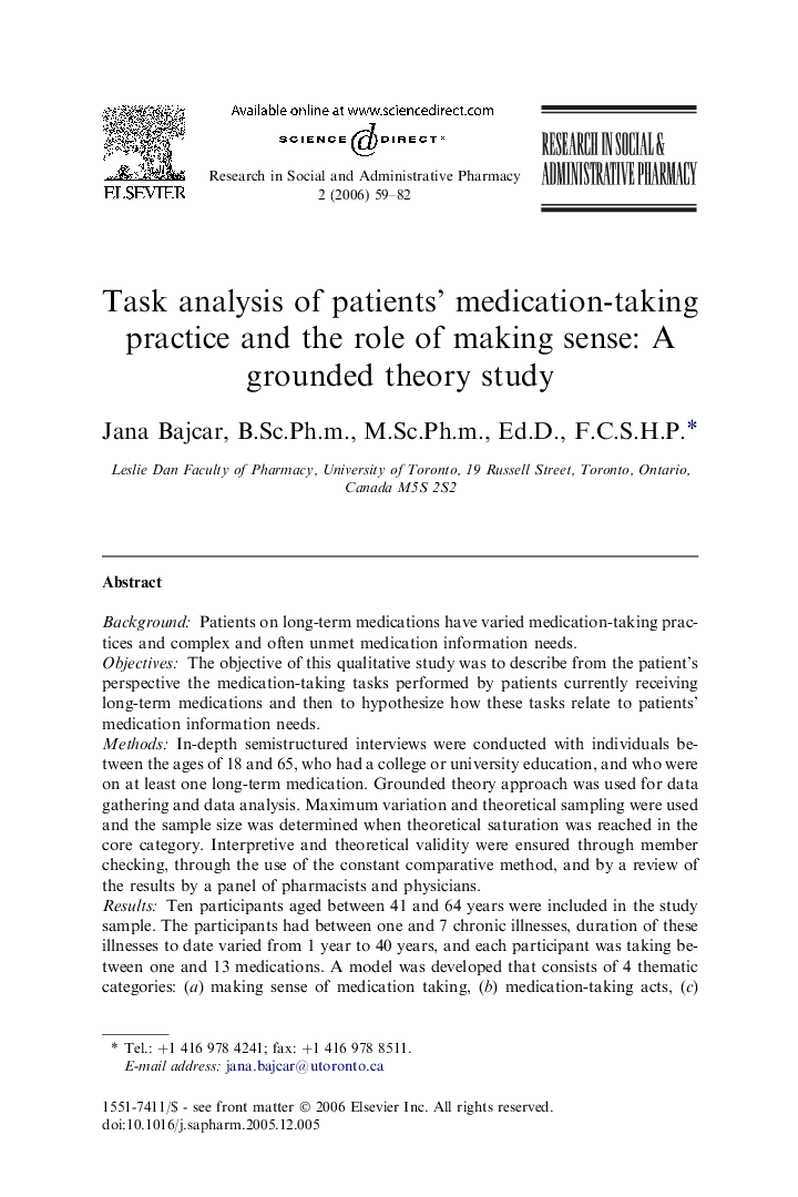 Task analysis of patients' medication-taking practice and the role of making sense: A grounded theory study