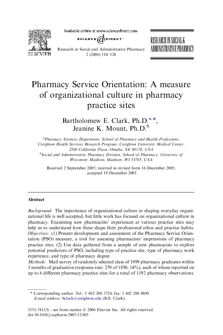 Pharmacy Service Orientation: A measure of organizational culture in pharmacy practice sites