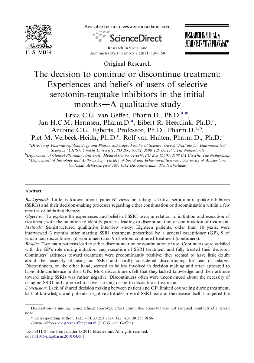 The decision to continue or discontinue treatment: Experiences and beliefs of users of selective serotonin-reuptake inhibitors in the initial months—A qualitative study 