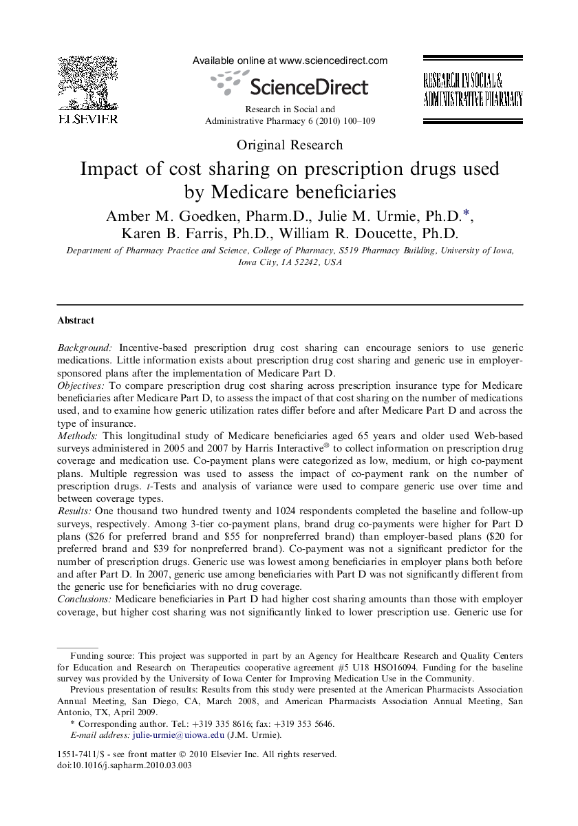 Impact of cost sharing on prescription drugs used by Medicare beneficiaries 