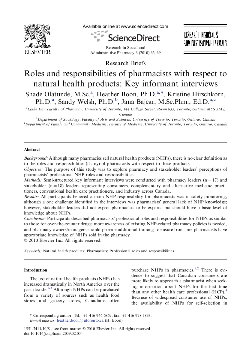 Roles and responsibilities of pharmacists with respect to natural health products: Key informant interviews