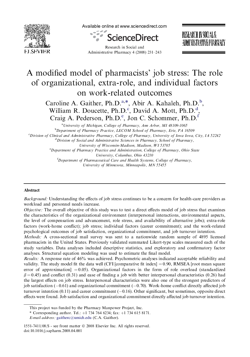 A modified model of pharmacists' job stress: The role of organizational, extra-role, and individual factors on work-related outcomes 