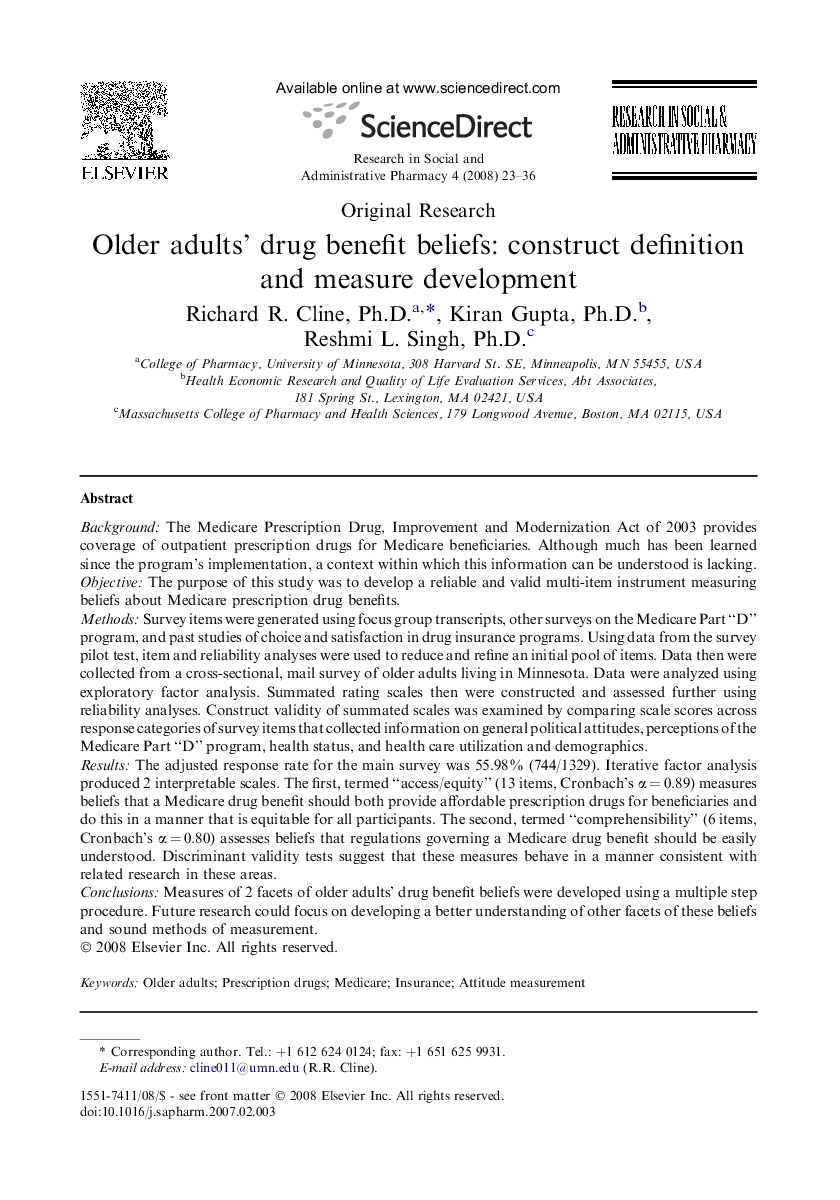 Older adults' drug benefit beliefs: construct definition and measure development