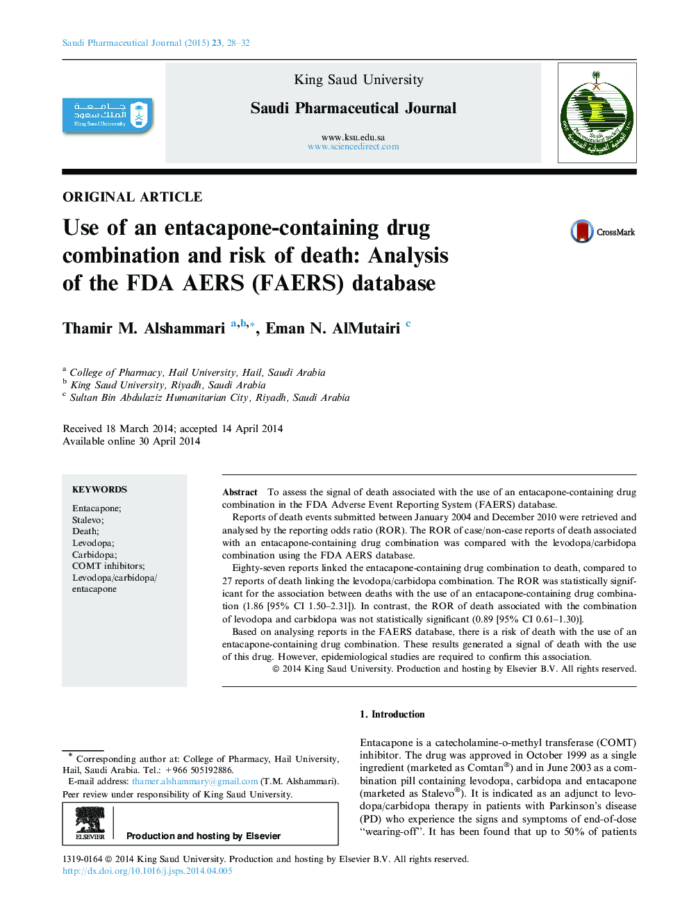 Use of an entacapone-containing drug combination and risk of death: Analysis of the FDA AERS (FAERS) database 