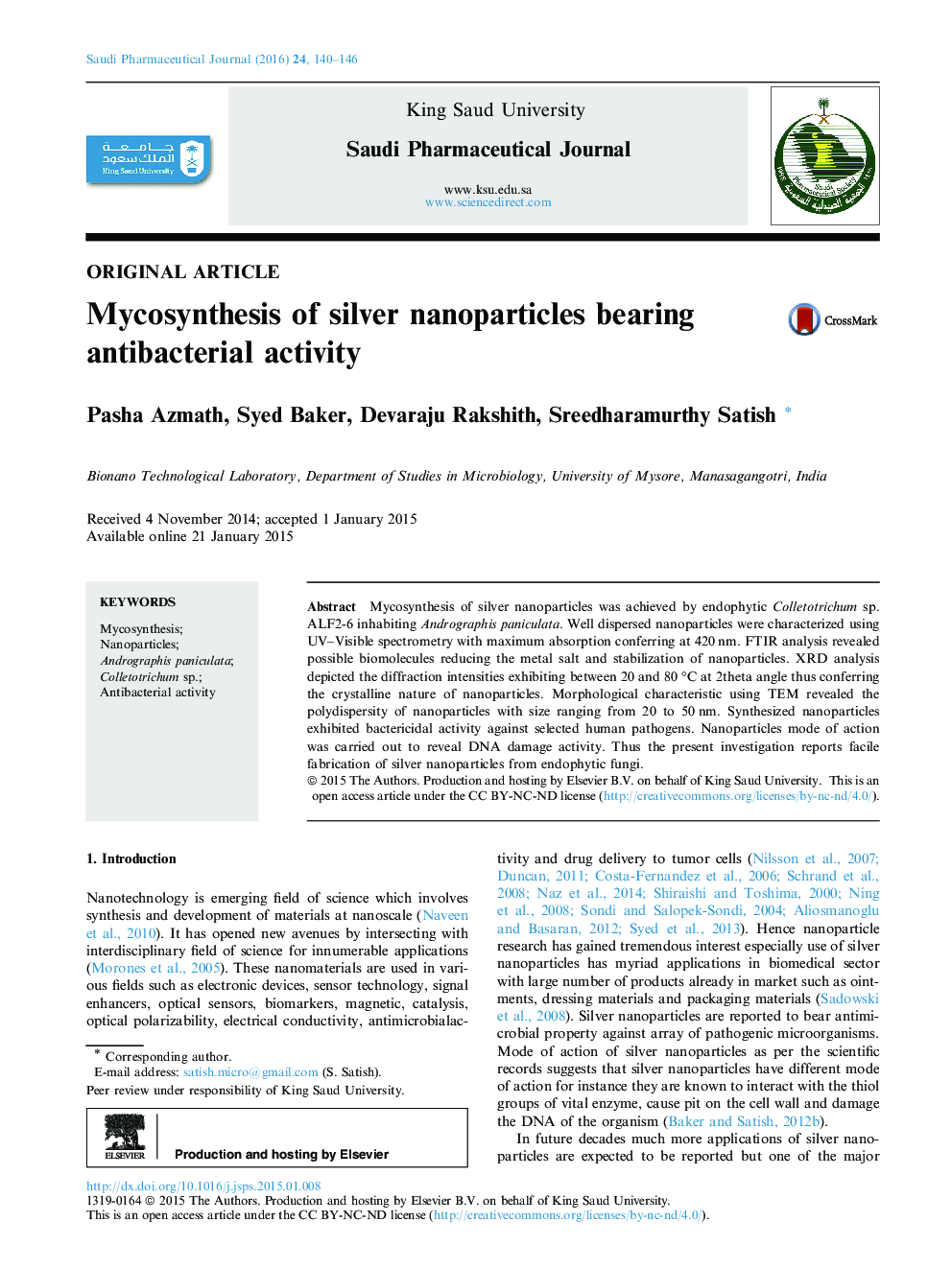 Mycosynthesis of silver nanoparticles bearing antibacterial activity 