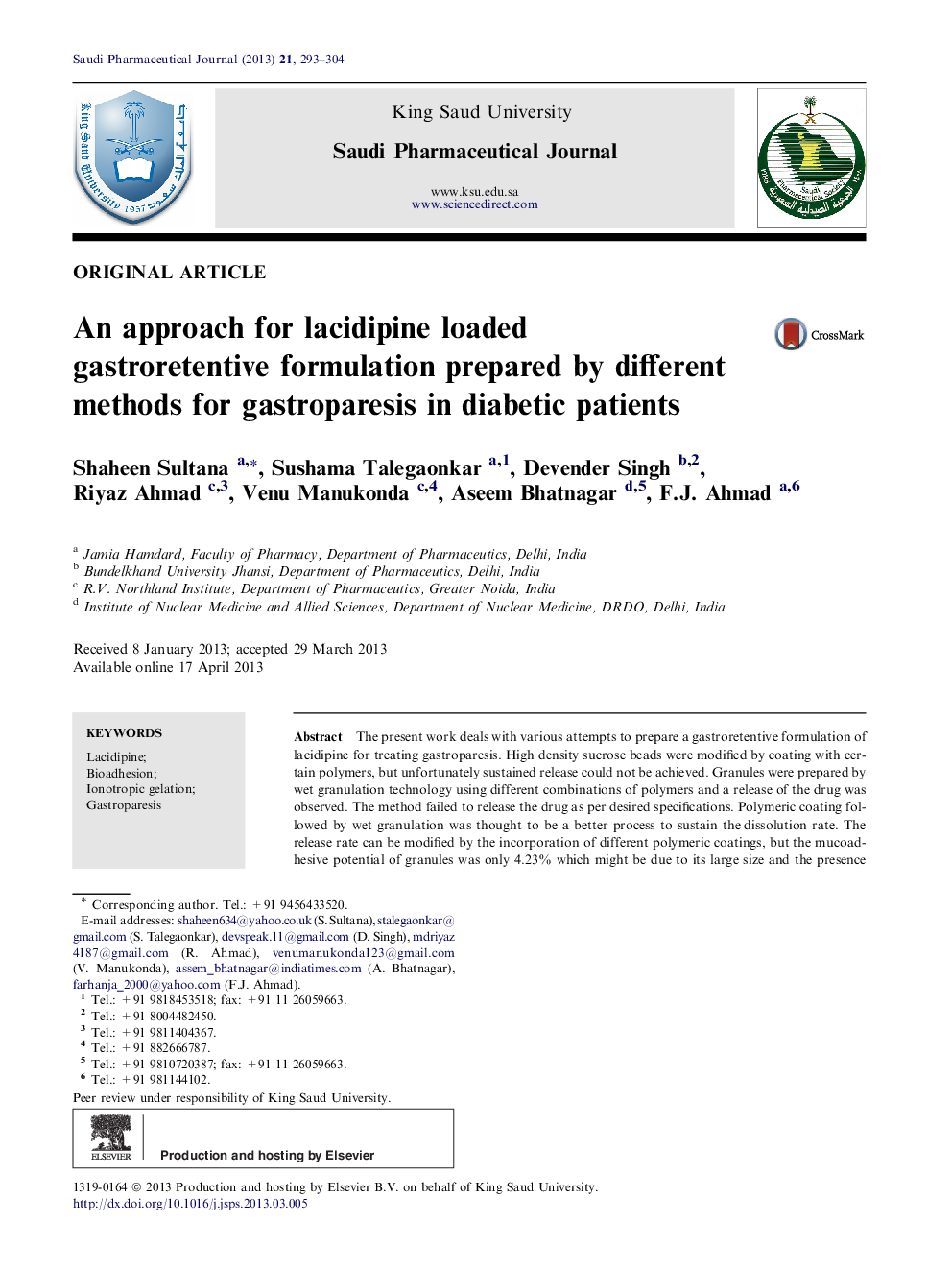 An approach for lacidipine loaded gastroretentive formulation prepared by different methods for gastroparesis in diabetic patients 