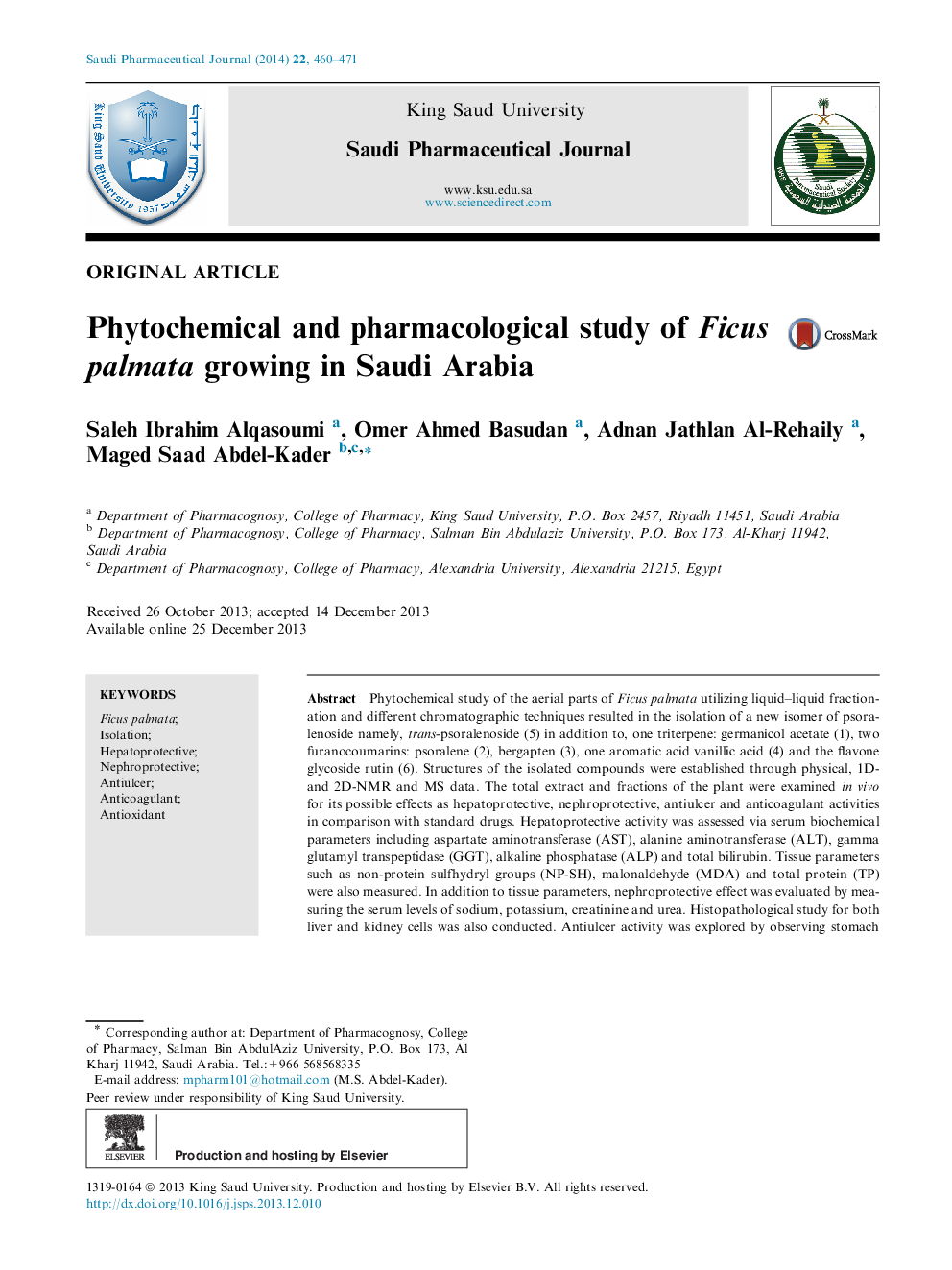 Phytochemical and pharmacological study of Ficus palmata growing in Saudi Arabia 