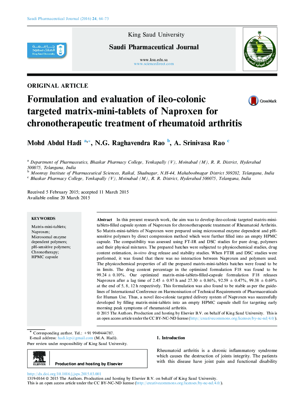 Formulation and evaluation of ileo-colonic targeted matrix-mini-tablets of Naproxen for chronotherapeutic treatment of rheumatoid arthritis 