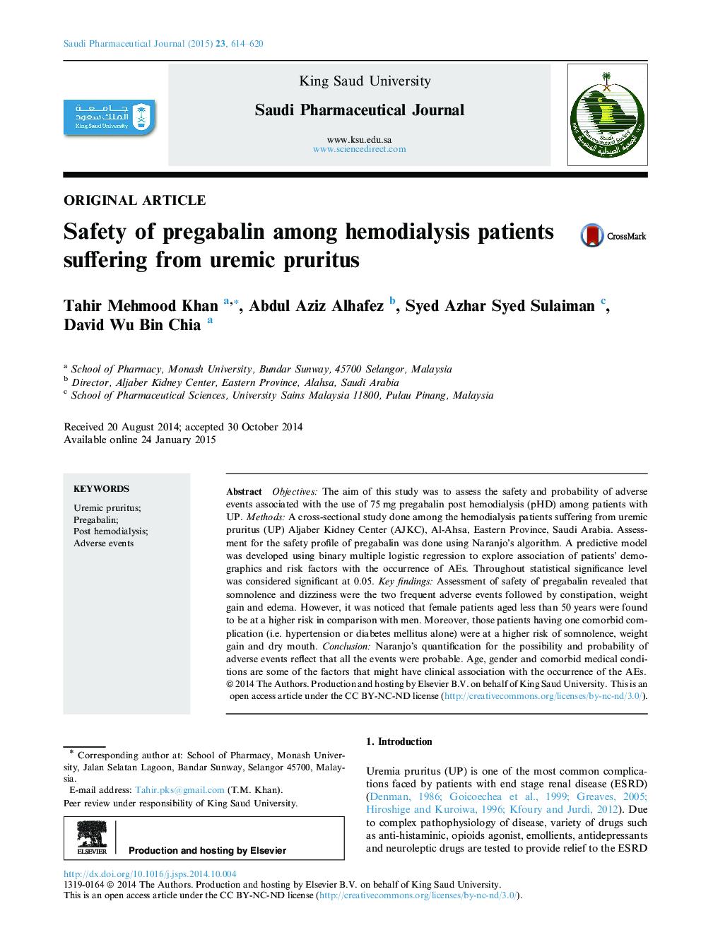 Safety of pregabalin among hemodialysis patients suffering from uremic pruritus 