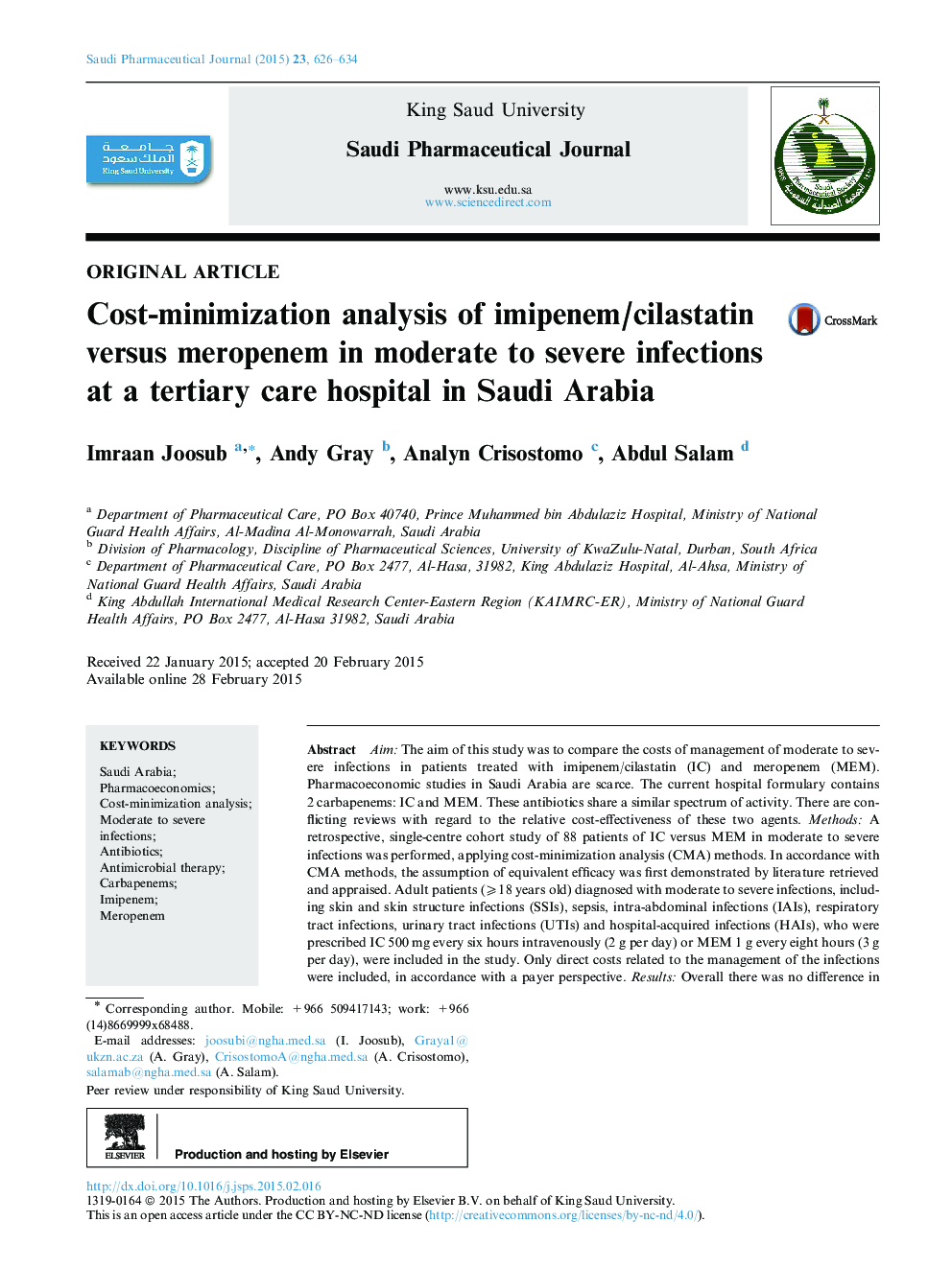 Cost-minimization analysis of imipenem/cilastatin versus meropenem in moderate to severe infections at a tertiary care hospital in Saudi Arabia 