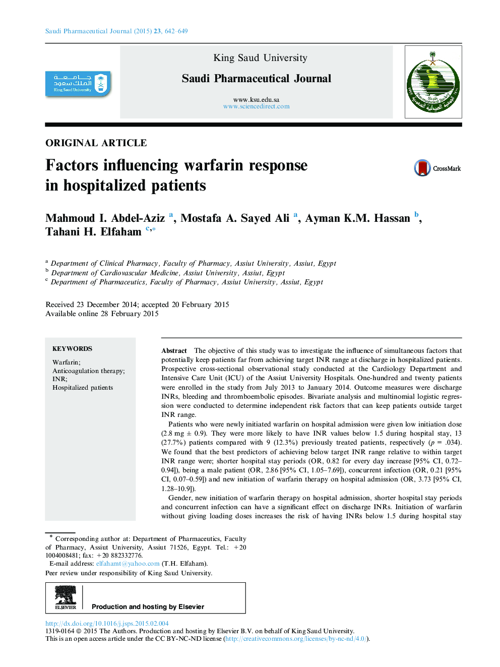 Factors influencing warfarin response in hospitalized patients 