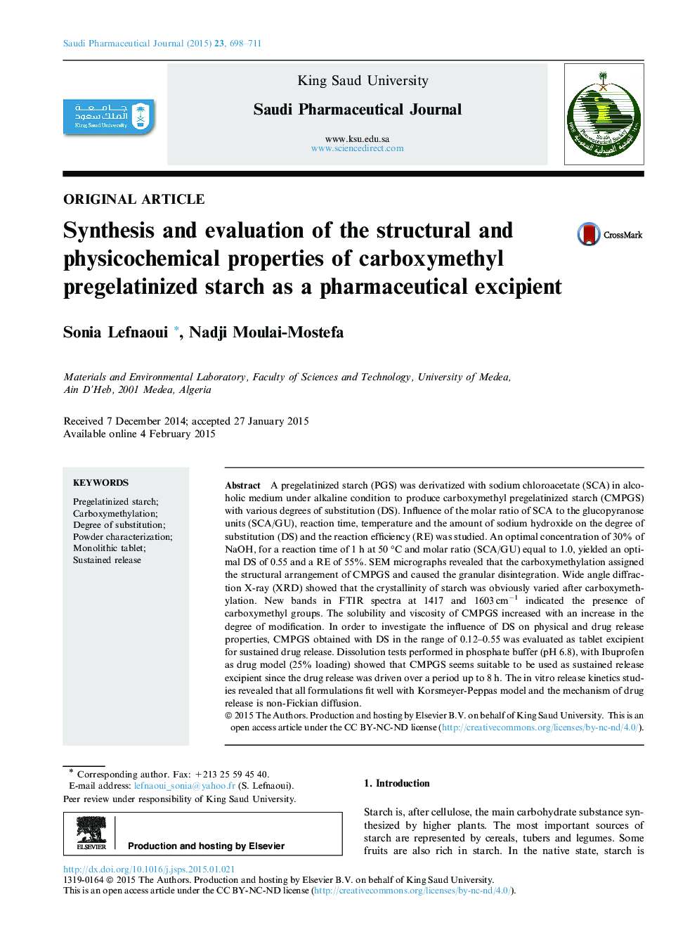 Synthesis and evaluation of the structural and physicochemical properties of carboxymethyl pregelatinized starch as a pharmaceutical excipient 