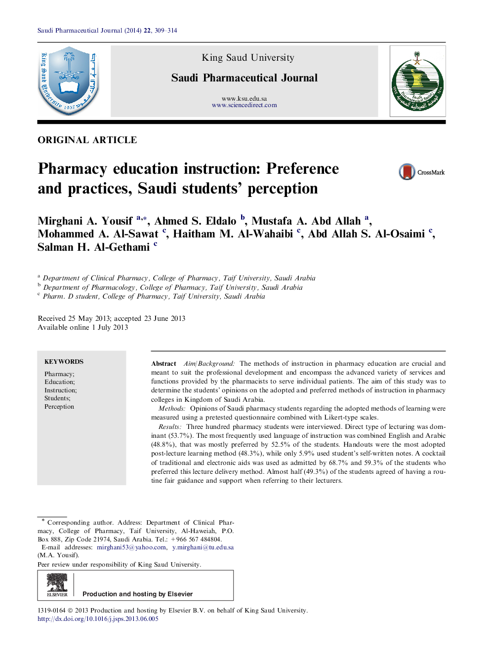 Pharmacy education instruction: Preference and practices, Saudi students’ perception 