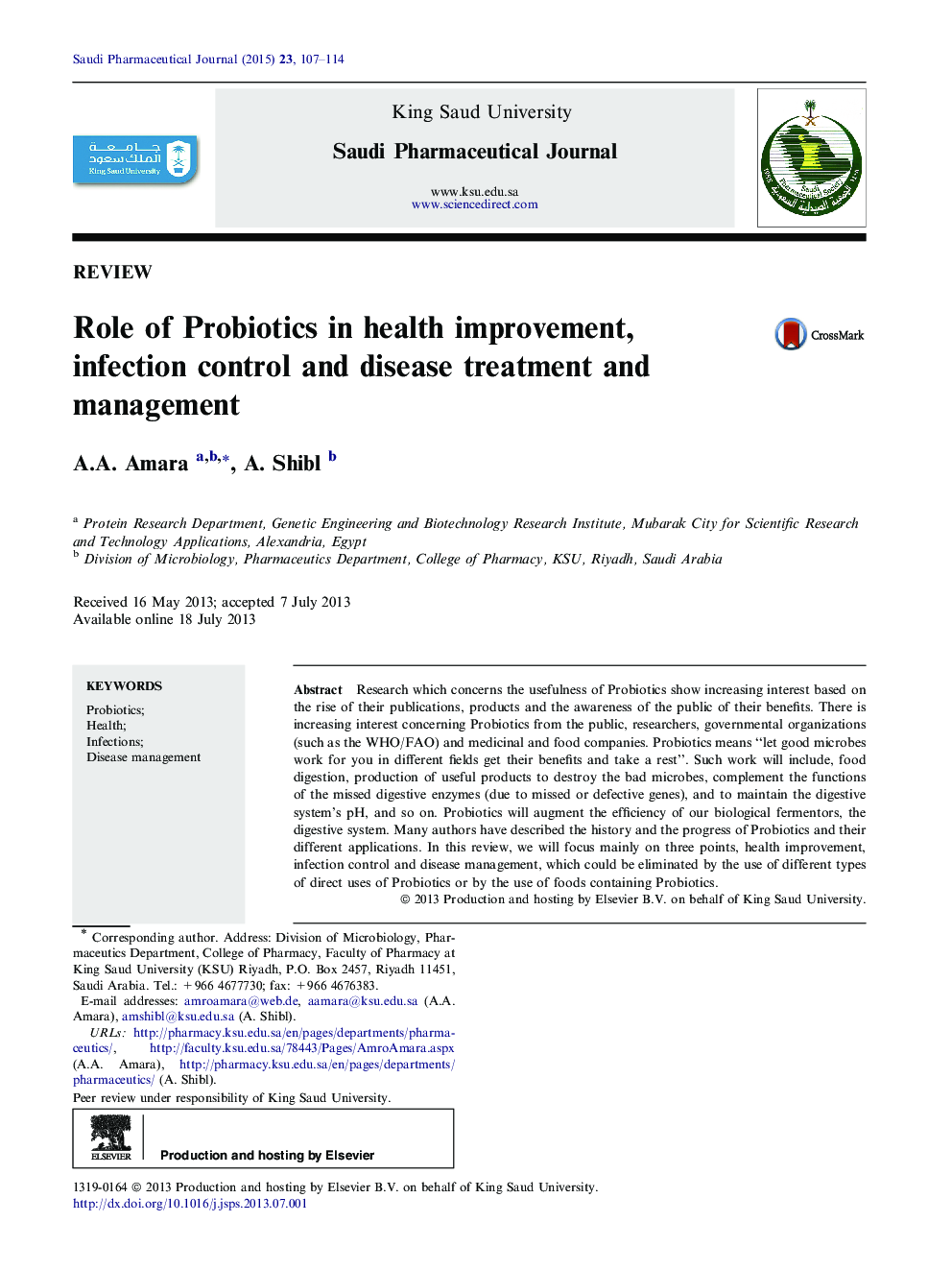 Role of Probiotics in health improvement, infection control and disease treatment and management 