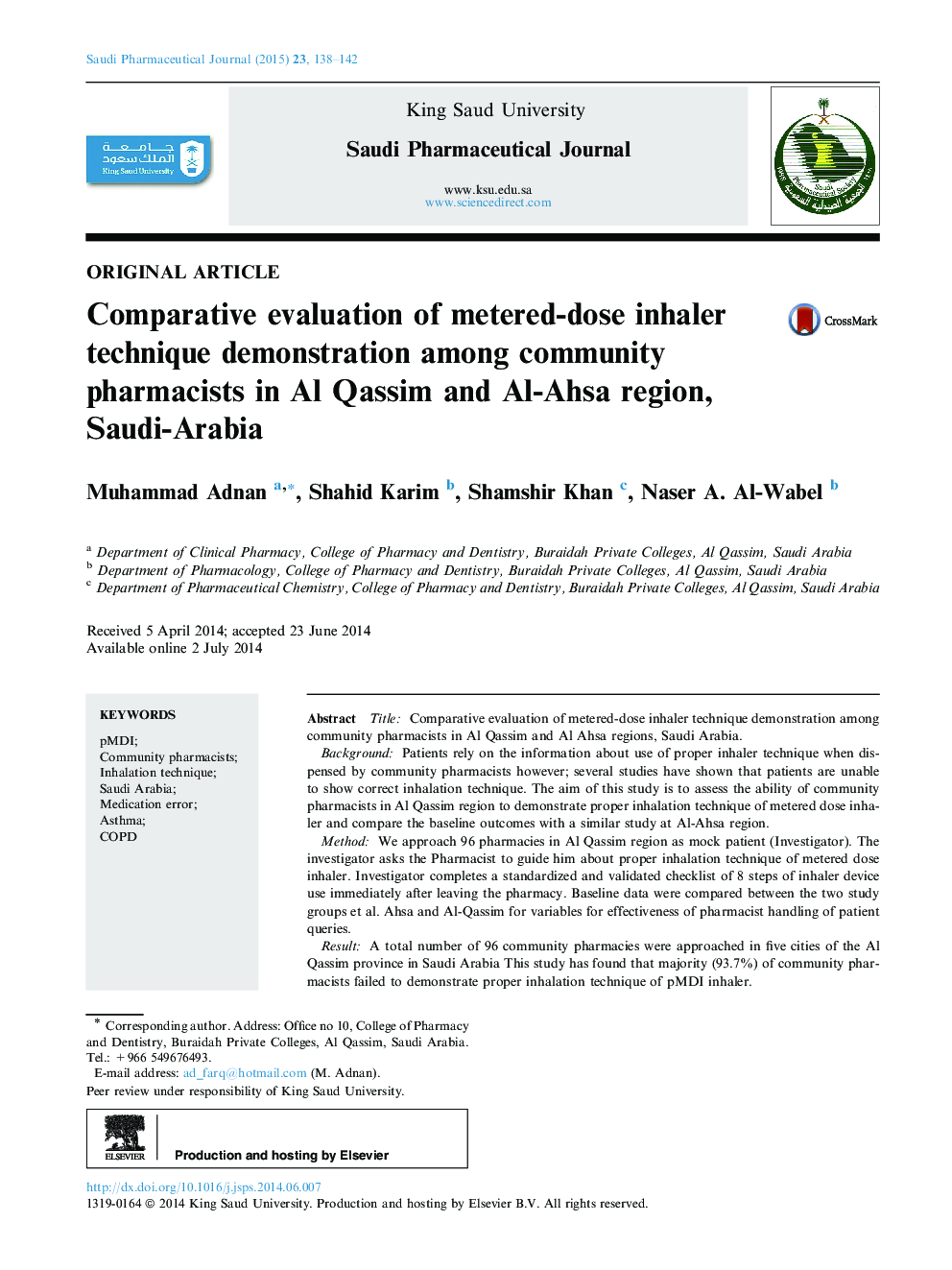 Comparative evaluation of metered-dose inhaler technique demonstration among community pharmacists in Al Qassim and Al-Ahsa region, Saudi-Arabia 