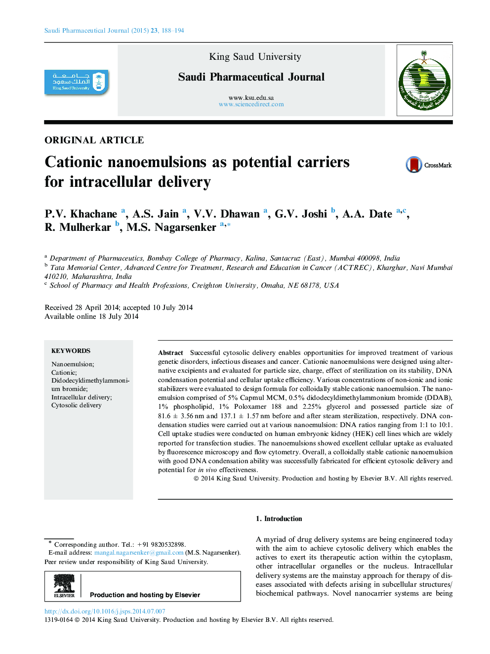 Cationic nanoemulsions as potential carriers for intracellular delivery 