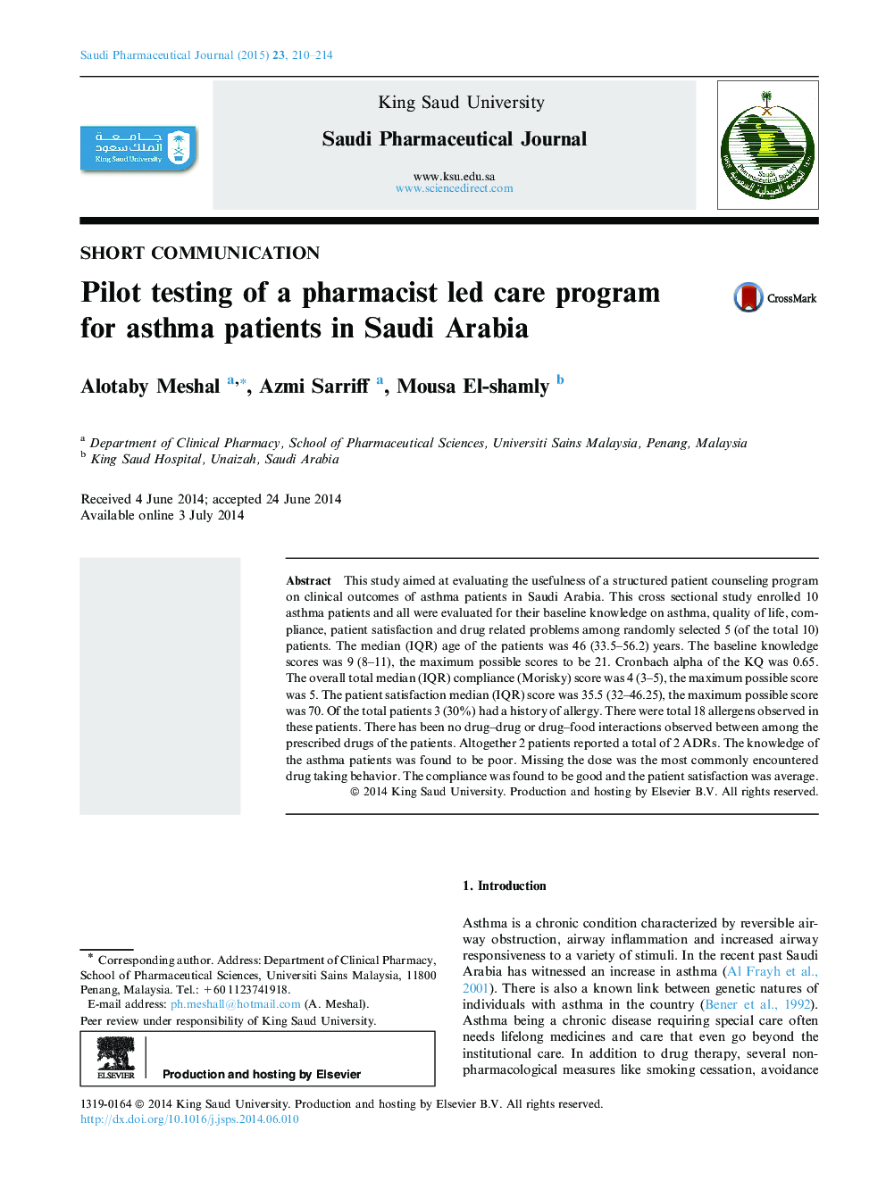 Pilot testing of a pharmacist led care program for asthma patients in Saudi Arabia 