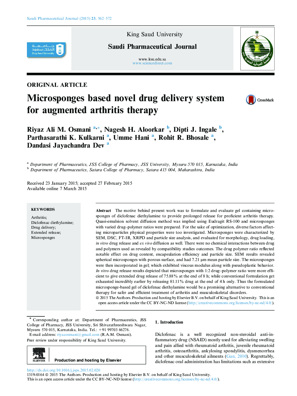 Microsponges based novel drug delivery system for augmented arthritis therapy 