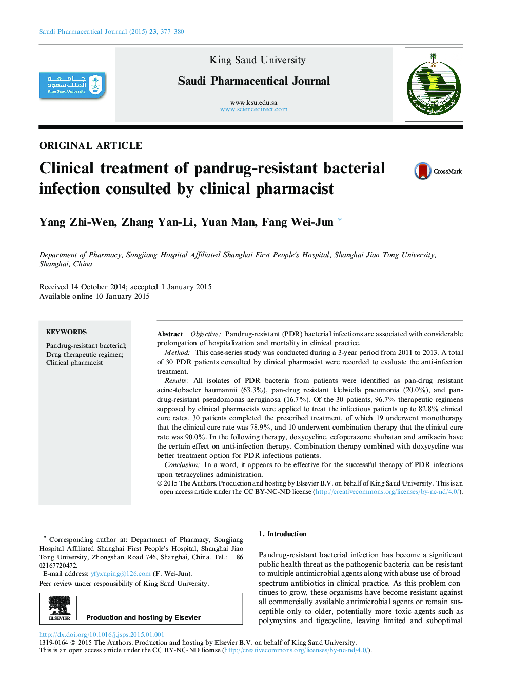 Clinical treatment of pandrug-resistant bacterial infection consulted by clinical pharmacist 