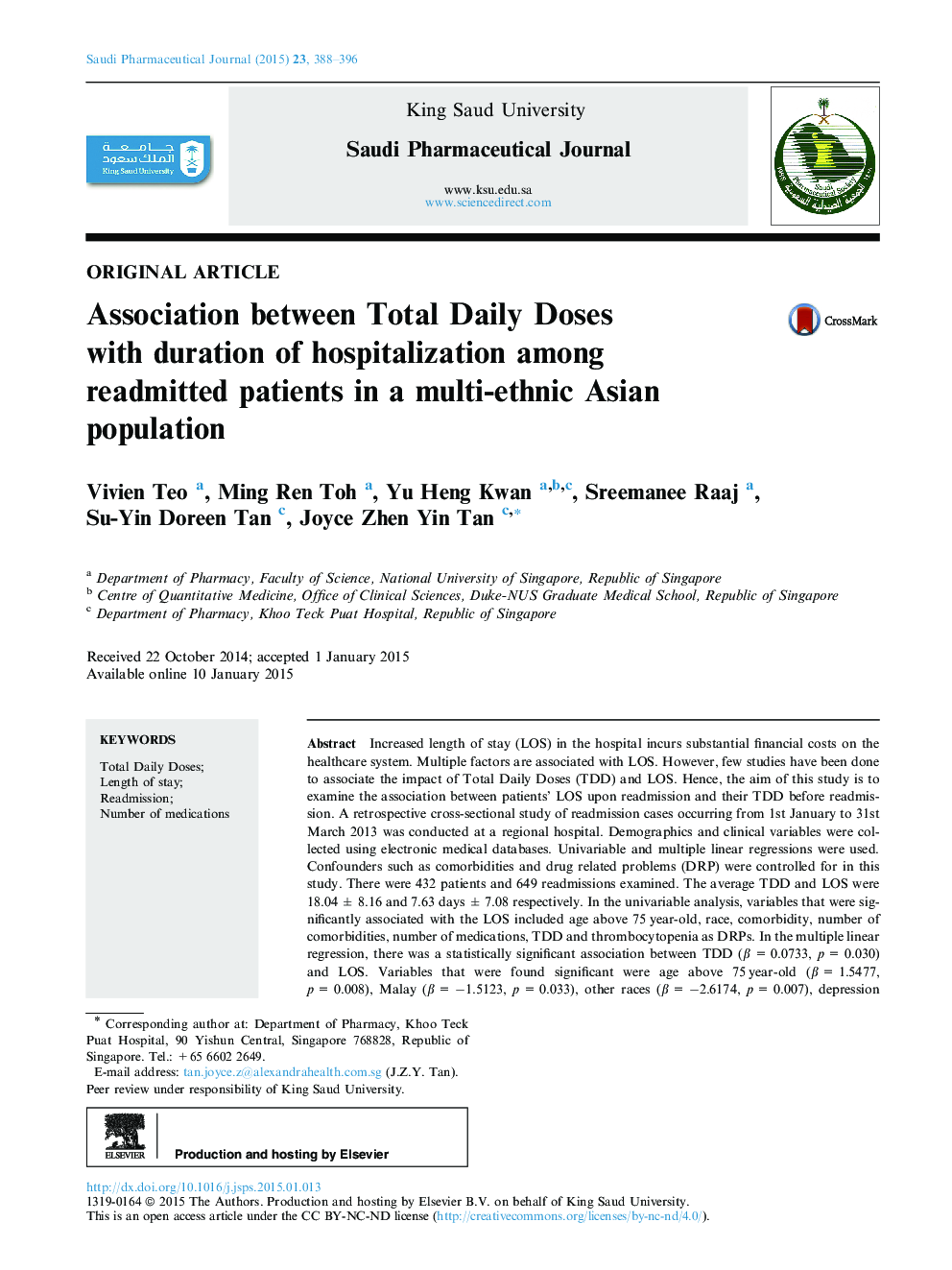 Association between Total Daily Doses with duration of hospitalization among readmitted patients in a multi-ethnic Asian population 