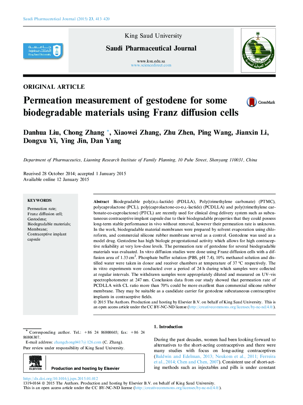 Permeation measurement of gestodene for some biodegradable materials using Franz diffusion cells 
