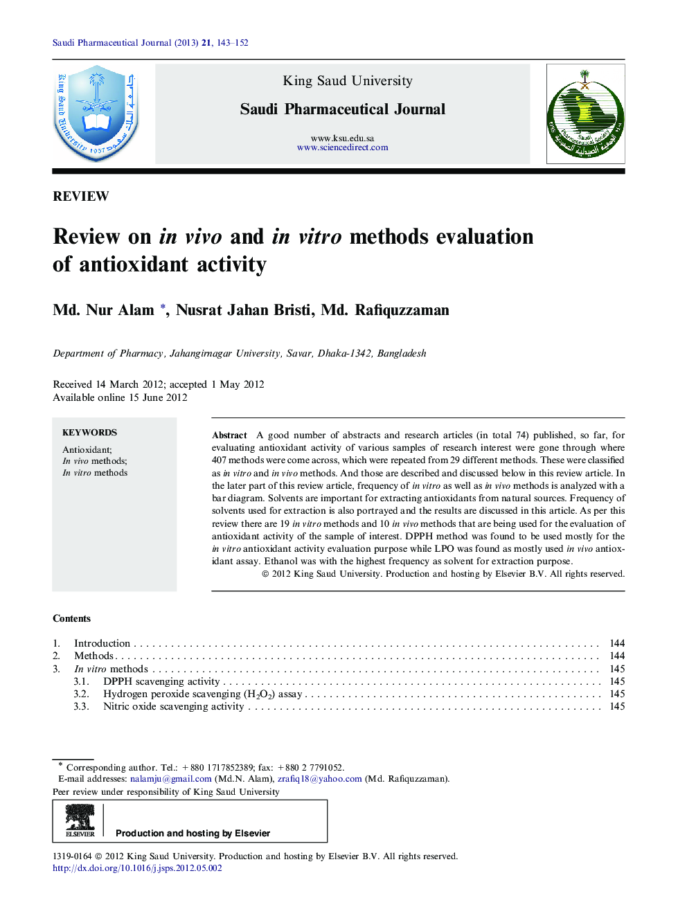 Review on in vivo and in vitro methods evaluation of antioxidant activity 