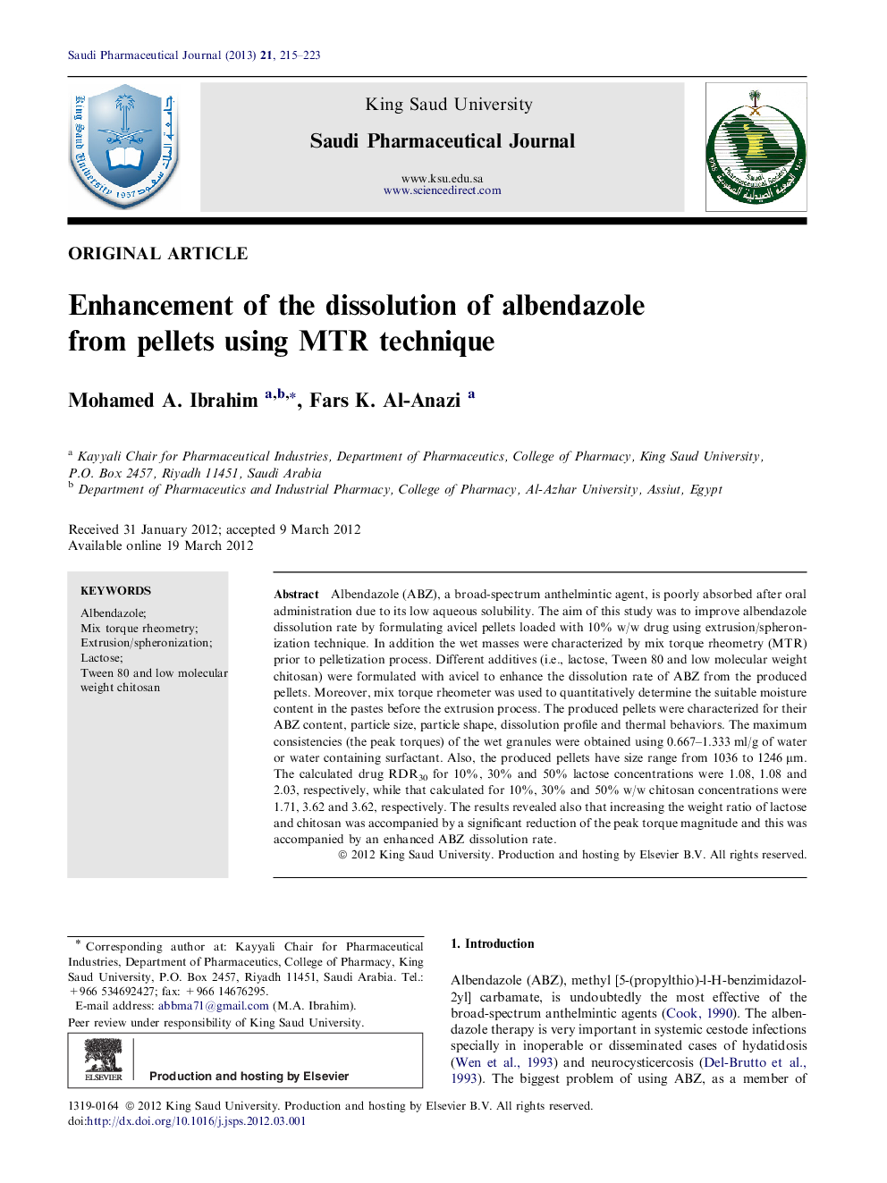 Enhancement of the dissolution of albendazole from pellets using MTR technique 