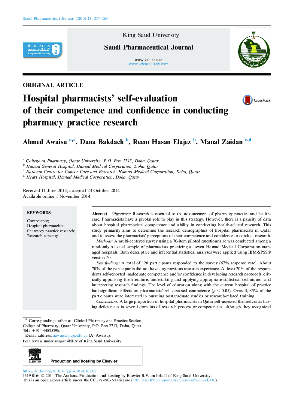 Hospital pharmacists’ self-evaluation of their competence and confidence in conducting pharmacy practice research 