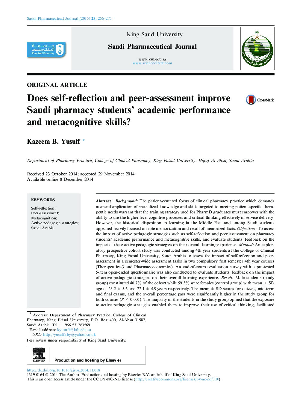 Does self-reflection and peer-assessment improve Saudi pharmacy students’ academic performance and metacognitive skills? 