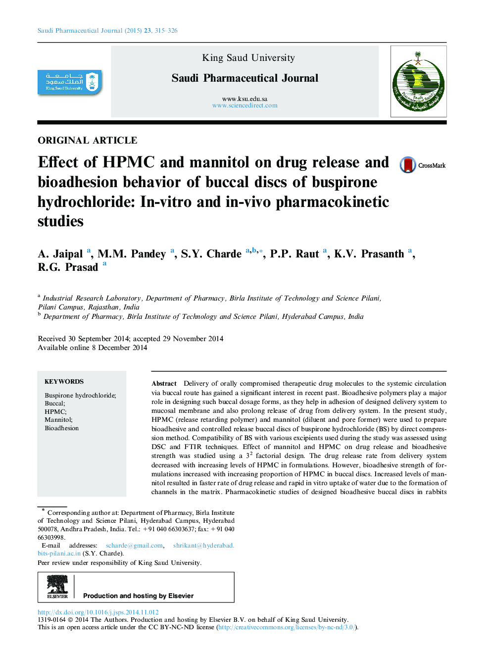 Effect of HPMC and mannitol on drug release and bioadhesion behavior of buccal discs of buspirone hydrochloride: In-vitro and in-vivo pharmacokinetic studies 