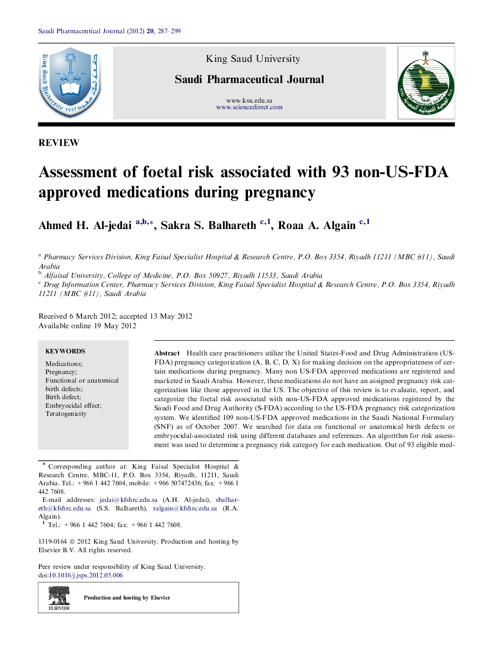 Assessment of foetal risk associated with 93 non-US-FDA approved medications during pregnancy 