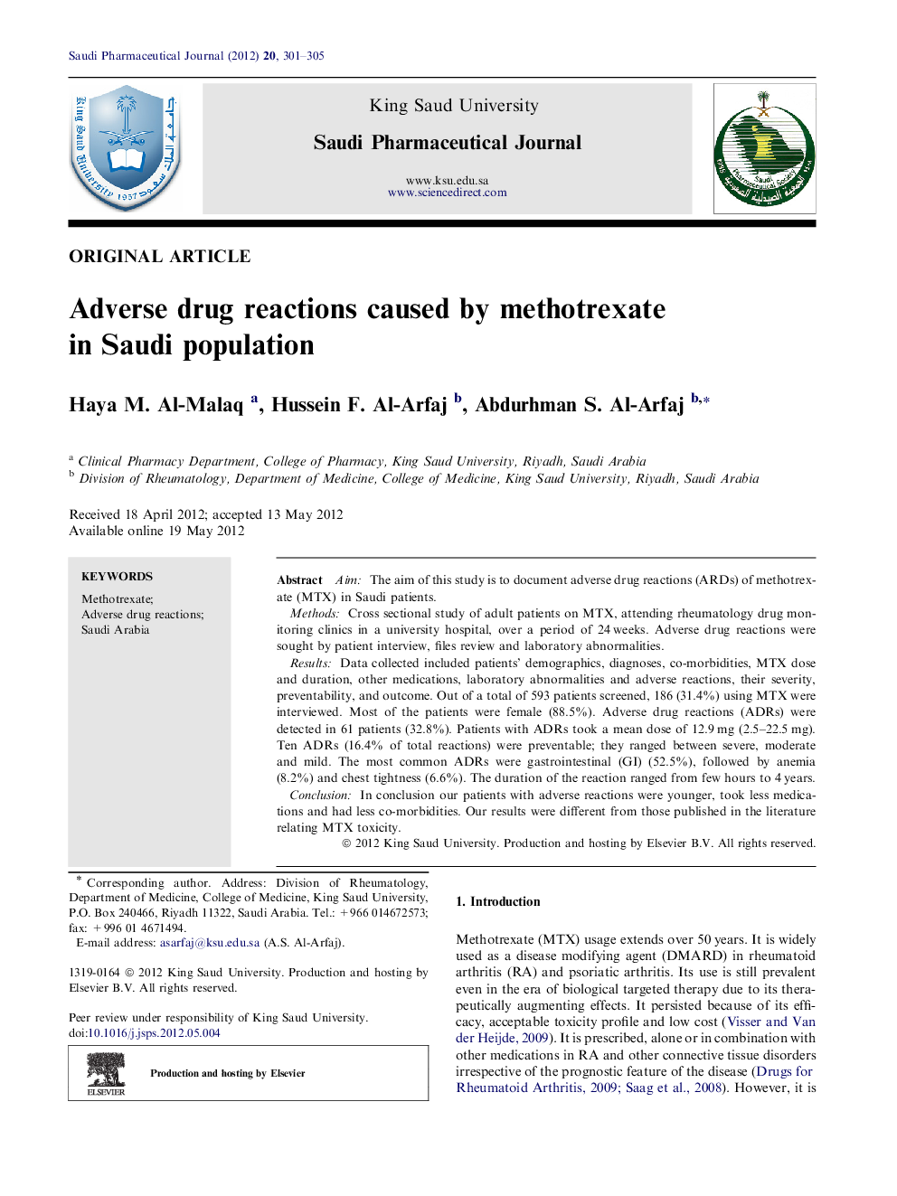 Adverse drug reactions caused by methotrexate in Saudi population 